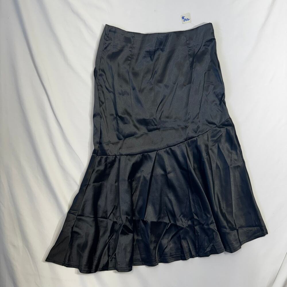 VONDA Black Satin Asymmetrical Ruffle Midi Skirt Women's Size S